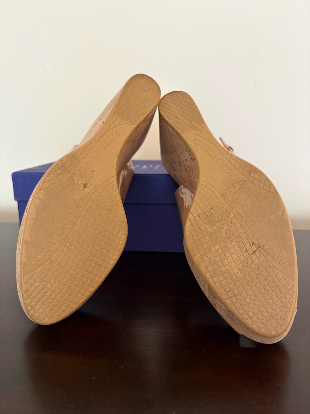 Stuart Weizmann Nude Patent Cork Wedge 4”Slingback Sandals with adjustable strap - Picture 4 of 4
